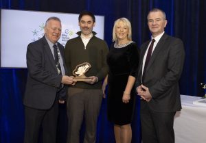 Pictured is Cathal Sheridan of Huku Balance, receiving the Sustainability Award at the Donegal Enterprise Awards. Also in the picture (L-R): Cllr. Jimmy Kavanagh, Leas Cathaoirleach of Donegal County Council, Brenda Hegarty, Head of Enterprise<br />Donegal, and Liam Ward, Director of Community Development and Planning Services, Donegal County Council.