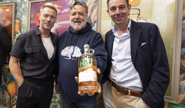 Ronan Keating, Russell Crowe, and Ryan Tubridy Russell Crowe, Ronan Keating and Ryan Tubridy amongst the celebrity investors attending the opening of new €1 million Brand Home for The Muff Liquor Company in the village of Muff in Co. Donegal. Company confirms first order of 30,000 bottles for the US market. Photo by Joe Dunne "Free Reproduction"