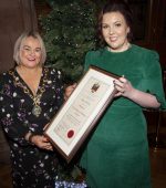 FREEDOM OF THE CITY. . . . . The Mayor of Derry City and Strabane District Council, Sandra Duffy pictured handing over the Freedom of the City award to Lisa McGee, writer of Derry Girls, at a reception in the Guildhall on Monday evening. (Photos: Jim McCafferty Photography)
