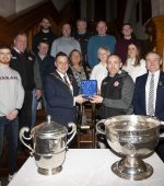 The Mayor of Derry City and Strabane District Council, Graham Warke made a special presentation to Brian Dooher, manager of the successful Tyrone Senior GAA team in recognition of their Senior Football Championship All-Ireland title 2021, during a reception in the Guildhall on Monday night. On Brian’s left is Ciaran McLaughlin, Ulster GAA President and included are senior players, club representatives, family members and elected representatives.