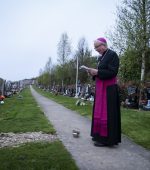 Bishop of Derry, Dr. Donal McKeown pictured at the City Cemetery in Derry on Easter Sunday morning blessing graves with Easter Water that was blessed at St. Eugene’s Cathedral during the Vigil Mass on Saturday night. (Photos: jim McCafferty Photography)