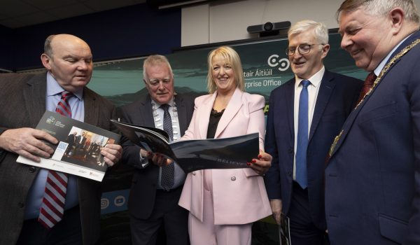 Garry Martin. Director of Economic Development at Donegal County Council, Jimmy Kavanagh, Leas Cathaoirleach, Brenda Hegarty, Head of Enterprise, John McLaughlin, CE of Donegal County Council,  and Mayor of the Letterkenny Milford MD, Cllr Gerry McMonagle attend the launch of the Local Enterprise Week brochure in the Local Enterprise Office in Letterkenny. Photo by Joe Dunne 14/02/25