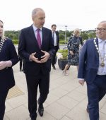 Taoiseach Micheál Martin meets with the Letterkenny Chamber of Commerce President, Kristine Reynolds (L), and Londonderry Chamber of Commerce President, Aidan O’Kane, at the Tata Consultancy Services offices in the Letterkenny Technology Park, Letterkenny, Co. Donegal.
Photo by Joe Dunne 15/07/22