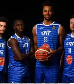 LYIT Donegal players, from left, Mario Alvarez Garcia, Emmanuel Payton, Dom Uhl and Andy McGeever pictured at the 2019/2020 Basketball Ireland Season Launch and Hula Hoops National Cup draw at the National Basketball Arena in Tallaght, Dublin. Photo by David Fitzgerald/Sportsfile