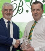Donegal County Council CEO, John McLaughlin presenting the Cliub of the Year award to Bonagee United chairman Nial Callaghan at the annual awards night in the Mount Errigal Hotel.  (NW Newspix)