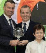 Speciial guest Shay Given presenting the Brendan McDaid Memorial Special Achievement award to Shane McCauley.  Included in photo is Shanes son..  (NW Newspix)