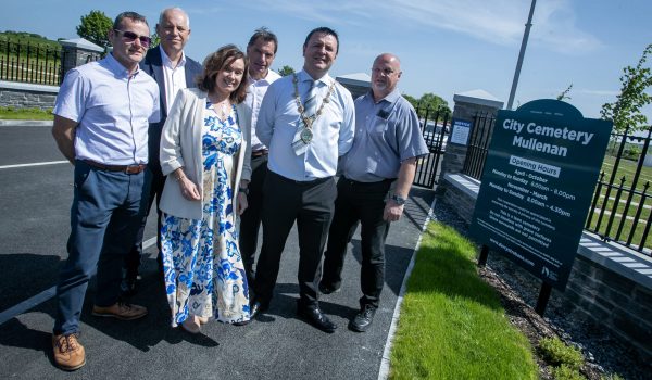 The Mayor of Derry City and Strabane District Council, Ruairi McHugh pictured at the opening of the new City Cemetery at Mullenan on Tuesday afternoon. Included from left are John Quinn, John Kelpie, Chief Executive Officer, DCSDC, Karen Philllips, Gerry Quinn and Conor Canning.