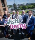 TOURISM BOOST. . . . .The Mayor of Derry City and Strabane District Council, Ruairi McHugh pictured at the Guildhall on Wednesday afternoon to celebrate the latest Northern Ireland statistics and Research Agency Tourism Figures for the north-west. Included from left are Jennifer O''Donnell, Tourism Manager, DCSDC, Stephen Harkin, Walled City Hotel, Yolanda McDonald, Walled City Hotel, Pearse Cooke, Maiden City Hotel, Odhran Dunne, Chief Executive, Visit Derry and Steve Fraser, City of Derry Airport.
