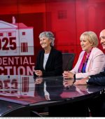 29 September 2025; Presidential candidates, from left, Independent candidate Catherine Connolly, Heather Humphreys of Fine Gael and Jim Gavin of Fianna Fáil at the first televised debate of the 2025 Presidential Election campaign on Virgin Medias The Tonight Show in Dublin. Photo by Ramsey Cardy/Sportsfile