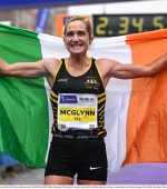 29 October 2023; Irish Women's Champion Ann-Marie McGlynn celebrates after the 2023 Irish Life Dublin Marathon. Thousands of runners took to the Fitzwilliam Square start line, to participate in the 42nd running of the Dublin Marathon. Photo by Sam Barnes/Sportsfile