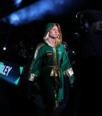 May 28, 2021; Las Vegas, Nevada; Jason Quigley and Shane Mosley Jr face off after weighing in for the Matchroom boxing card taking place this Saturday, May 29, 2021 at Michelob Ultra Arena at Mandalay in Las Vegas, Nevada. Mandatory Credit: Ed Mulholland/Matchroom.