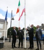 Cathaoirleach of Donegal County Council, Cllr. Gary Doherty, pictured with Eamonn Brown, A/Director of Service Planning, Community and Culture, Traolach Ó Fionnáin, Arts Officer and Richard Gibson, Director of Service Corporate, Finance and Information Systems at the flag-raising ceremony at County House, Lifford, as Donegal County Council marks the beginning of Ireland’s Presidency of the Council of the European Union.