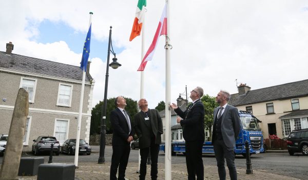 Cathaoirleach of Donegal County Council, Cllr. Gary Doherty, pictured with Eamonn Brown, A/Director of Service Planning, Community and Culture, Traolach Ó Fionnáin, Arts Officer and Richard Gibson, Director of Service Corporate, Finance and Information Systems at the flag-raising ceremony at County House, Lifford, as Donegal County Council marks the beginning of Ireland’s Presidency of the Council of the European Union.