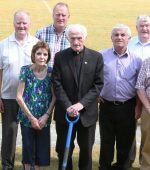 Fr. Michael Sweeney, assisted by Pauline Strain, turns the first sod to commemorate the start of the laying of a new playing surface at Donegal Junior League heqdquarters at Diamond Park, Ballyare. Included are Joe Duffy, Eunan Doherty, Dessie Kelly, William Coyle, John Joe Mc Cafferty, Terry Leyden, Colm Rodgers and Nigel Ferry. William Coyle of Pitch Dimensions will commence works on site tomorrow, Tuesday 7th June 2016. Pic.: Gary Foy, League PRO