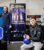 Michael Murphy (Head of Sport, ATU Donegal), Neil Barrett (Lecturer, ATU Donegal), Katie Gibbons and Fionnan Coyle (students on the BSc (Hons) in Sport & Exercise programme) launching the University Fitness Games at An Danlann Sports Centre, ATU Donegal, who are hosting the event.