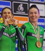 Picture by Alex Whitehead/SWpix.com - 04/08/2023 - Track & Para Track Cycling - 2023 UCI Cycling World Championships - Sir Chris Hoy Velodrome, Glasgow, Scotland - Women B Individual Pursuit Finals - Podium - Bronze: Katie George Dunlevy piloted by Eve Mccrystal of Ireland