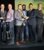 Minister of State Andrew Doyle presents the Sprinter of the Year award to Adrian McGee, owner of Ardnasool Jet, at the 2018 National Greyhound Racing Awards. IGB Chairman Frank Nyhan presents the trainers’ award to Cathal McGee, with Neil McBride receiving the breeders’ award. Also pictured are IGB Board member Colm Gaynor and IGB CEO Gerard Dollard.