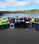 Cathaoirleach Cllr. Martin Harley (centre) with Cllr. John Shéamuis Ó Fearraigh and Cllr. Michael McClafferty, Cathaoirleach of the Glenties Municipal District, launching the 'Big Donegal Clean Up' at Dunfanaghy pier on Tuesday morning with staff from Donegal County Council, DLDC, members of the Dunfanaghy Tidy Towns committee and Donegal Volunteer Centre. PIcture: Declan Doherty.