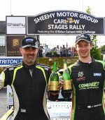Monaghan’s Josh Moffett (right) and Limerick’s Keith Moriarty pictured at the finish ramp after their victory in the Sheehy Motor Group Carlow Rally that marked the halfway point of the eight round Triton Showers-backed Motorsport Ireland National Rally Championship.  Photo: Martin Walsh.