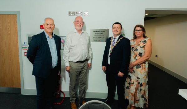 Derry City & Strabane District Council Mayor Ruairí McHugh pictured with John Kelpie, CEO of DC&SDC, Gavin Boyd, Chair of Sport NI, and Karen McFarland, Director of Health and Communities for DC&SDC at the opening of the new Melvin Sports Hub.