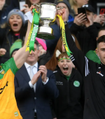 Ciaran Thompson and Patrick McBrearty lift the Division 2 title at Croke Park in 2023.