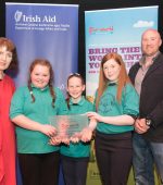 Regional Finalists Cloughfinn NS were today presented with an 'Our World Irish Aid Award' plaque at today'sregional final of the Our World Irish Aid Awards at the Model Arts Centre, Sligo which saw 15 primary schools from the North West region compete for three of 12 places at the national final, Best Regional Newcomer, and Special Distinction Awards.  As well as exhibiting their work and taking part in a number of activities, pupils and teachers heard from special speaker Garda Darran Conlon who shared his experience of promoting diversity through sport in Ballyhaunis, Ireland’s most ethnically diverse town, and, in particular, his commitment to the integration of immigrant children, many of whom are from developing countries. Pictured are from Barbara Wilson, HEO Irish Aid,  Lauryn Hegarty, Ellie Hagan Emily McConnell and Garda Darran Conlon. Photo Clive Wasson
