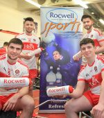 Derry senior footballers Ciarán McFaul and Peter Hagan join with Derry hurlers Johnny O'Dwyer and Darragh Cartin to launch the county's new hydration partnership with Rocwell Natural Mineral Water.