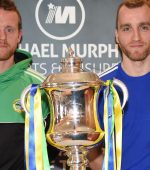 Glenswilly's Captain Gary "Copper" Mc Fadden and Cill Chartha's Ciaran Mc Ginley at the Michael Murphy Sports and Leisure Donegal County Senior Final Press Launch