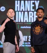 May 27, 2021; Las Vegas, Nevada; Jason Quigley and Shane Mosley Jr. face off after the final press conference for the Matchroom boxing card taking place this Saturday, May 29, 2021 at Michelob Ultra Arena at Mandalay in Las Vegas, Nevada. Mandatory Credit: Ed Mulholland/Matchroom.