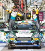 Kelly Eamonn (IRL) and Mohan Conor (IRL) celebrate on the podium in first place after winning the World Rally Championship Junior WRC category in Zagreb, Croatia on April 23, 2023 // Jaanus Ree / Red Bull Content Pool // SI202304230354 // Usage for editorial use only //