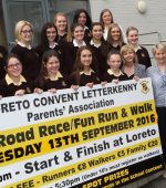 Donegal Rally Ace Manus Kelly launches Loreto 5k
Special guest Manus Kelly Students , Parents committee and Principal, Nora Friel  at the launch of the Loreto Secondary School, Letterkenny Annual 5K road Race / Fun Run and Walk which will take place on Tuesday next, 13th September, starting at 7.30pm.  This year the event has been included as part of the Athletics Grand Prix series.  This fund raising event has grown in popularity and a large turnout is expected.  The route is the same as last year with the Start and Finsih at the Back Gate entrance to the School.  This year the Race will be started by Manus Kelly, winner of the Donegal International Car Rally.
All participants will be 'chipped' so everyone will be able to find out how fast they were!  The Entry fees are: Runners 8 euro, Walkers 5 euro and Family 20 euro.  There will be category prizes for the runners and spot prizes for the walkers.  The presentation of prizes and refreshments will take place in the school lobby afterwards.  For the less athletic among us this cuppa can be the ideal opportunity to meet up with people we haven't seen since last year!
The funds raised will be used to purchase a large Digital Display Monitor which will be mounted in the Lobby area of the school.  This expensive piece of equipment will be used to keep students up to date on happenings throughout the school and to promote all of the personal and team achievements taking place throughout the school year.
The Parents' Association have been working hard to organise this event and they would like to thank everyone for their help and support,  Letterkenny Athletic Club for their assistance in organising the event, the following sponors, Michael Murphy Sports, Golden Grill / Tinneys Oil, Value Centre, ISS Cleaning Services, Global Tiles, Mount Errigal Hotel, CBM Signs, Magees Chemist, Brendan McGlynn, Brian McCormick Sports. Crumlish Appliances, Marks & Spencers, Get Fresh and of course all of the volunteers and students who will help to steward the route and help with the refreshments on the night. Photo Brian McDaid