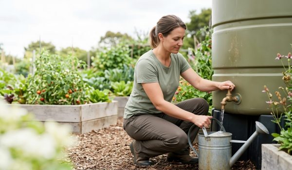 A woman is crouching in a vibrant vegetable garden, filling a galvanized metal watering can with water from a large, green plastic rainwater harvesting tank. She is wearing a green t-shirt and brown work pants. She holds the handle of the watering can while turning the brass tap on the tank. The background features raised wooden garden beds filled with various healthy, green leafy vegetables and plants, demonstrating sustainable gardening practices.