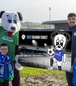 Finn Harps Season Ticket for Primary Schools with Mark Anthony McGinley (Finn Harps Goalkeeper) and Harper (Finn Harps Mascot).