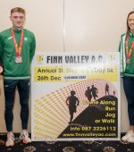European Cross Country medallists Sean McGinley, Eilish Flanagan and Roisin Flanagan, with Finn Valley AC Chairperson Patsy McGonagle, launch the 2022 St Stephen's Day 5k. Photo: Stellar Photography
