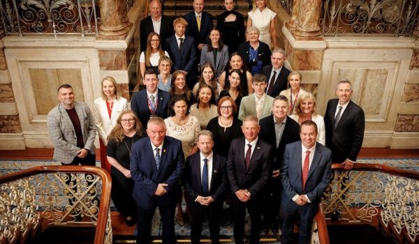 2026–27 Fulbright Irish Awardees (19) pictured at Iveagh House with U.S. Ambassador Edward S. Walsh; Executive Director Dr Dara Fitzgerald (IUSCEE); Owen Feeney (Department of Foreign Affairs and Trade); Dr Michael J. Ryan; Paschal Donohoe; and representatives of the Ireland-United States Commission for Educational Exchange, including Chair Prof. Derek O’Keeffe, Deputy Chair Thea Gilien, and Board Members Ingrid Specht, Janel M. Heird and Prof. Regina Uí Chollatáin. Photography from Andres Poveda info@apphoto.ie.