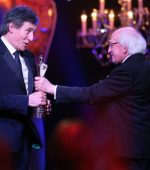 President Michael D Higgins presents Gabriel Byrne with his Lifetime Achievement Award at the IFTAs 2018