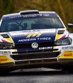 Alastair Fisher and Gordon Noble, VW Polo R5, in action on SS1 Tynagh during the Corrib Oil Galway International Rally. Photo: Barry Cregg