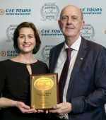 Elizabeth Crabill, CEO of CIE Tours International, presents the CIE Tours Award of Excellence to Bernard McBride, Glanveagh Castle and National Park, at the CIE Tours International 30th Annual Awards of Excellence where Ireland’s best holiday destinations and experiences were recognised based on feedback from over 25,000 visitors.
Photo: John Ohle Photography – T: 087 2549908;
For more information: Laurie Mannix, MKC Communications:  01 7038620 / 086 8143710 / laurie@mkc.ie
Photo free to use/No reproduction fee.