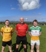 Malin captain Christy McLaughlin, referee Stephen Doherty and Buncrana captain Sean Doherty.