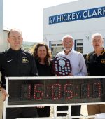 Siobhan Bonnar pictured centre  representing  Hickey Clarke and Langan Insurance Ltd.  principal sponsors of the Inter Firms Race pictured at the press conference to announce details of the this years run on the 16th of May. pictured from left are, organising committee including Neily Mc Daid, Michael Glavin, Danny McDaid, Brandan Mc Daid and Danny Mooney. Photo Brian McDaid