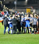 Tempers flare at the end of the game at Finn Park. Photo Stephen Doherty.
