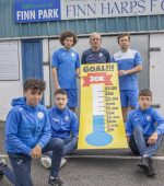 Finn Harps players Barry and Tony McNamee with manager Ollie Horgan and youth players Barry McGee, Max Johnson and Shane McCormack during the launch of the Finn Harps fundraiser to finance ground improvements including a second dressing room and a medical room to ensure compliance with new regulations to enable the club to host home games.