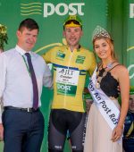 James Gullen, Britain JLT Condor takes the Post Parcel Yellow jersey presented by Paul Herrity, Delivery services Manager Leaseplan Letterkenny and Miss An Post Ras Dungloe, Eva Ni Dhoibhlinn
 ©INPHO/Morgan Treacy