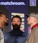 November 17, 2021; Manchester, New Hampshire, USA; Demetrius Andrade and Jason Quigley pose after the final press conference for November 19, 2021 Matchroom Boxing card at the SNHU Arena in Manchester, NH. Mandatory Credit: Ed Mulholland/Matchroom.