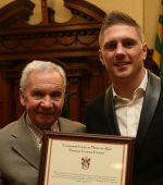 A proud day for Jason Quigley pictured with Peter O'Donnell at the civic reception in Lifford. Photo Brian Mc Daid