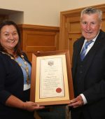 Derry City and Strabane District Council confer the Freedom of the City on Derry City Treble winning manager Jim McLaughlin
The Mayor of Derry City and Strabane District Council Councillor Michaela Boyle, presenting the Freedom of the City scroll to Jim McLaughlin.
