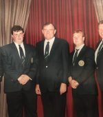 John Campbell on left with the Irish International squad in Scotland including Newtowncunningham’s Jim Doherty, Harry Knox, PJ Gallen and Mervyn Martin.
