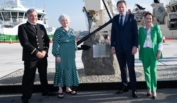 At the opening of the new extension to the pier at Killybegs Harbour  by Charlie McConalogue TD Mionster for Afgriculture Food and Marine on Friday. from left are Fergal hegarty, Harbour Master, Christine Cunningham Killybegs Mayor, Minister Charlie McConalogue TD and Niamh Kennedy, Cathaoirleach Donegal County Council.   Photo Clive Wasson