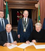 Signing of the contract between Donegal 2040 Strategic Development DAC and Vincent Hannon Architects
Front row left to right: 
Garry Martin, Director of Service Donegal County Council and Director Donegal 2040 Strategic Development DAC  
James Griffiths, Director Vincent Hannon Architects

Back row left to right:
Liam Ward, Director of Service Donegal County Council and Director Donegal 2040 Strategic Development DAC  
Cllr. Liam Blaney, Cathaoirleach Donegal County Council
John G. Mc Laughlin, Chief Executive Donegal County Council.