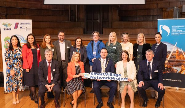 MAIN (back row) SVNP Partners Emily Monroe (SEUPB) (seated) Kieran Moylan (DRCDG)Sheila Walker (DAERA) Mayor Ruairi McHugh Esther Baird (SEUPB) Cathaoirle